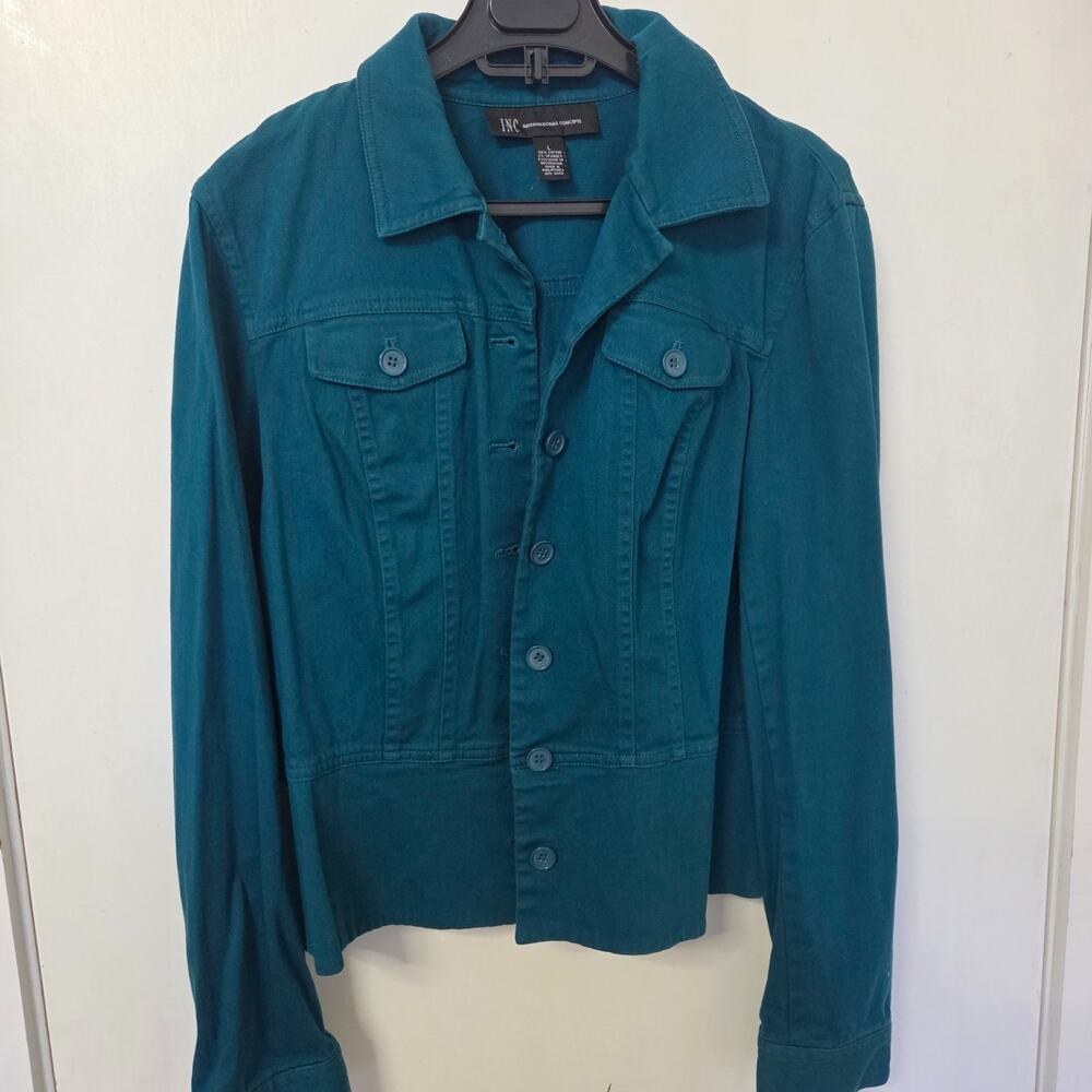 INC International Concepts Womens L Teal Stretch Twill Jacket Button Front